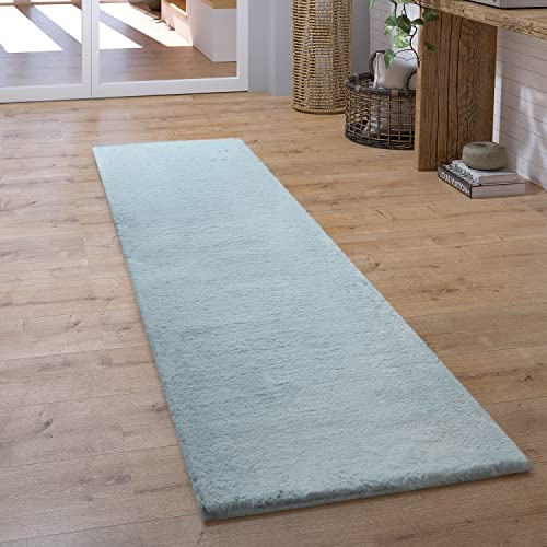Paco Home Hochflor Teppich Wohnzimmer Schlafzimmer Shaggy Modern Flauschiger Fellteppich Weich Fell Imitat Kunstfell Einfarbig, Grösse:80x300 cm, Farbe:Türkis
