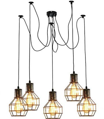 LEDSone Vintage 5 Kopflampe Spinne Lampe Pendelleuchte Höhenverstellbar Metall Schwarz Käfig Lampenschirm Retro Industrie Deckenleuchte Kronleuchter mit E27-Fassung