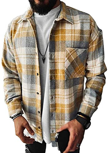 Minetom Chemises Homme en Flanelle Chemises Casual À Carreaux Manches Longues Chemise Bucheron Carreaux Chemise en Flanelle D Jaune L