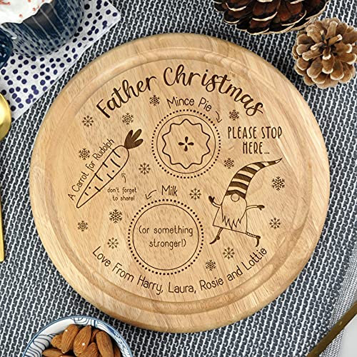 eBuyGB Personalised Xmas Eve Plate, Father Christmas Please Stop Here, Mince Pie or Cookie for Santa, Carrot and Milk for Rudolph & Reindeers, Wooden Treat Board Snack Tray