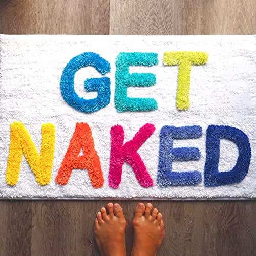 Evovee Get Naked Badematte, lustig, niedlich, Badezimmerteppich, Duschvorleger, lustig, Badezimmerdekoration, lustig, niedlich, Badematte, rutschfest, waschbar, College-Regenbogen, Weiß
