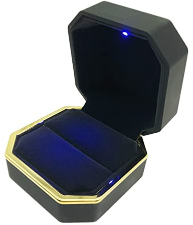 JZK Schwarze quadratische Samtringbox mit LED-Licht, Eheringetui mit LED-Licht, Schmuck-Präsentationsbox für Antrag, Verlobung, Hochzeit