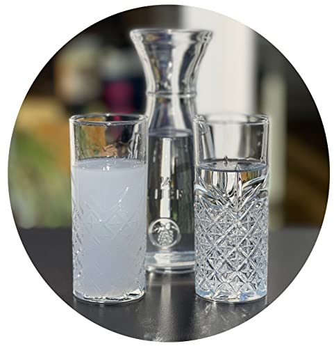 Topkapi 200.373-3-TLG Gedeck-Set aus Glas für Raki/Ouzo “Bodrum”, 2 Original Raki Ouzo Gläser im Kristall-Look und eine Karaffe, Raki Genuss aus Leidenschaft