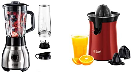 Russell Hobbs Frullatore con Lame in Acciaio Inossidabile, 600W, 1.5 L & Spremiagrumi Elettrico, Bicchiere Grande e Piccolo, Rotazione bidirezionale, 60 W, Rosso, 26010-56