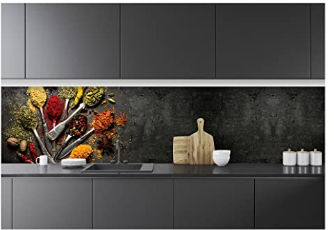 Fototapete Küche Gewürze Kräuter Löffel - 250x60 cm Einteilig Premium Küchenrückwand - Inklusive Kleister Modern Küchentapete Fototapeten Vlies Tapete UV-Beständig Montagefertig