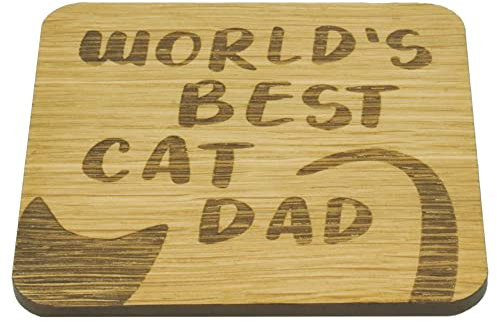 SHG at Home World’s Best Cat Dad Oak Veneer Square Coaster. Cute Kitty Coaster. Gift for Cat Father. 9.8cm x 9.8cm Drinks Mat