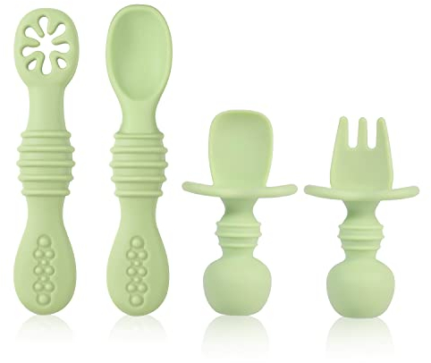 4pcs Silicone Baby Spoons Self Feeding 6+ Months, BPA Free Baby Led Weaning Spoons Training Spoon Toddler Self Feeding Utensils Silicone Handles for 6-12 Months Babies (Matcha Green)