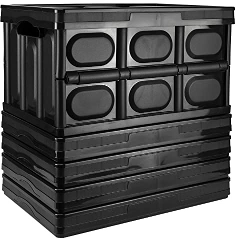 TekBox 30L Black Storage Box with Lid Folding Stackable Crate Tub (5) | Measures 42.5cm x 29cm x 23.5cm, Collapses down to 5cm, Made from lightweight plastic