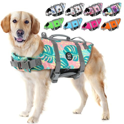 EMUST Giubbotto di salvataggio per cani, regolabile, per cani di taglia piccola, media e grande, con maniglia di salvataggio, gilet di sicurezza per piscina, spiaggia, barca, XL, Greenleaf