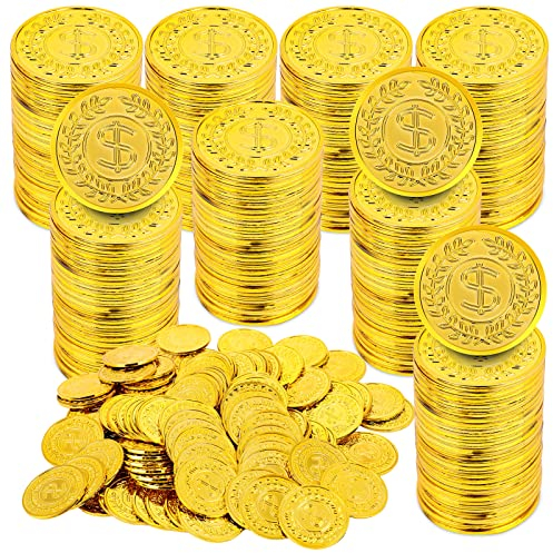 Prasacco 100 Stück Gold Münzen, Kunststoff Goldmünzen künstliche Goldmünzen, Goldmünzen, Spielmünzen Spielgeld für Kinder Spielzeug Mitgebsel Gastgeschenke, Lehrer, Klassenzimmer Belohnung