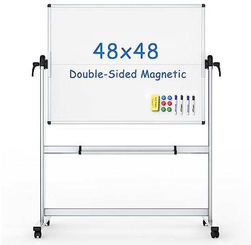 VIZ-PRO Double Sided Mobile Whiteboard, Magnetic Rolling Board 120 x 120 cm | Whiteboard on Wheels, Aluminium Frame and Stand, Dry Erase White Board for Office, Home & School
