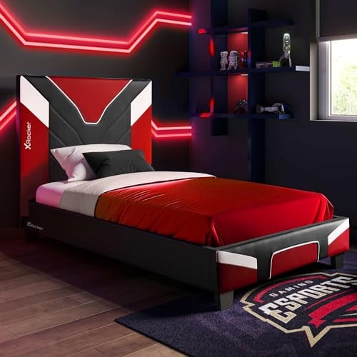 X-Rocker Cerberus Gaming Bed, 3ft Single Bedstead Frame, Wooden Slats, PU Faux Leather Upholstered Headboard, Low Footboard, Ideal for Teens, Kids, Children, Gaming Inspired Red Black White 90x190cm