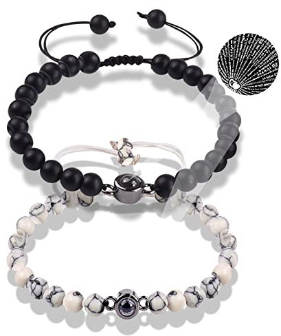 2 Stück Naturstein Magnetische Paar Armbänder, Energiestein Armband Set für Sie und Ihn, Langstrecken Beziehungsarmband für Freund, Freundin, Schmuck, Geschenke (Schwarz + Weiß)