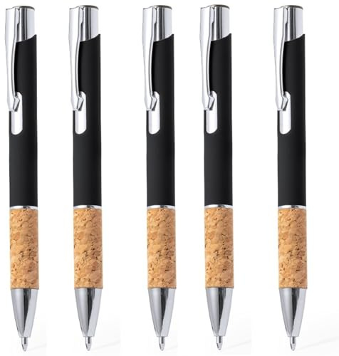 noTrash2003 10 ergonomische Kugelschreiber Gummiertes Aluminium Metallspitze und Griffzone aus Kork und Touchfunktion 5 Farben Stylus Druckkugelschreiber Mehrfarbig blauschreibend (Schwarz)