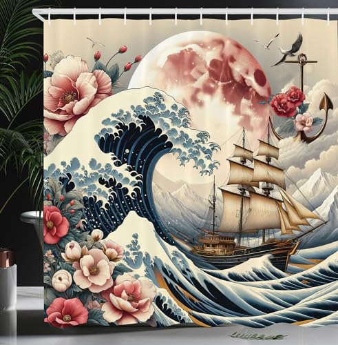 ABAKUHAUS Nautisch Duschvorhang, Blühende Blumen Japanische Wellenforscher Schiff und Rubinmond Vintage Folk, Stoffliches Gewebe Badezimmerdekorationsset mit Haken, 175 x 200 cm, Blau Rosa Eierschale