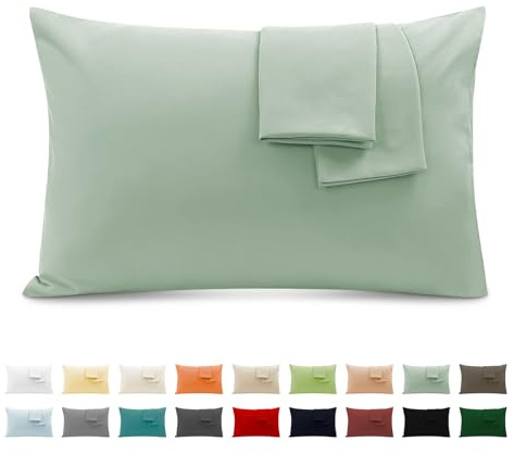 Federe Cuscini Letto Matrimoniale Cotone 50x80 cm 2 PCS, Set 2 Federe Certificato Oeko-TEX in Premium Cotone 110GSM, Morbida e Traspirante, Ipoallergenica -Verde Acqua