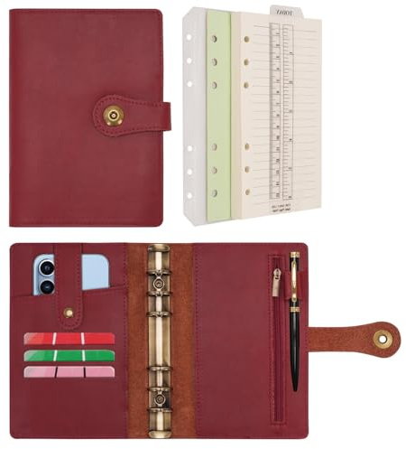 Wonderpool Ringbuch Notizbuch A6 Nachfüllbar Leder Tagebuch Organizer Binder Ordner mit Taschen Liniertes Papier Stift für Büro Schule Geschäft Reisen Planung Schreiben (Weinrot,A6)