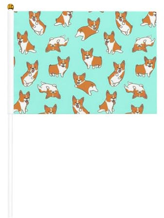 BREAUX Corgi Cute Dog Print Mini Handheld Small Flagpole Double Hand Waved Flag Mini Stick Flag