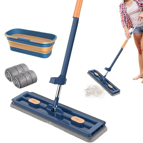 Kit Balai Serpillère Et Seau, 2024 Nouveau Style Grande Vadrouille Plate avec Seau, Rotation À 360 ° Humide Et Sec, avec 2 Tampons en Fibre Super Absorbants, pour Nettoyer Les Types De Sols