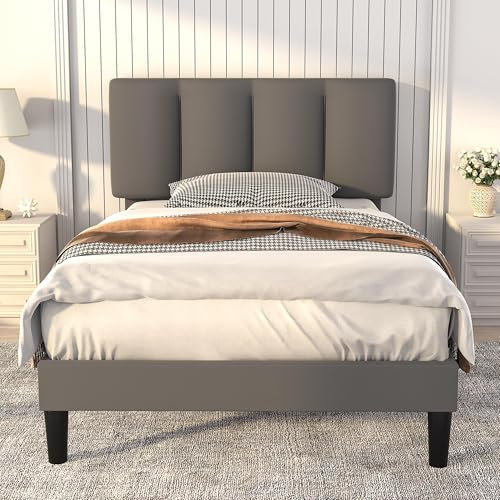 VECELO Polsterbett 90x200 mit Lattenrost Rückenlehne, Hautfreundliche Leinenmaterial, Bett Einzelbett Jugendbett(Ohne Matratze), Legierter Stahl, Grau