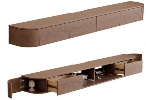 LIUJHGH Schwebendes TV-Regal mit LED-Leuchten, Wandmontierte Medienkonsole, Massivholz, 2 Schubladen, Viel Stauraum für Wohnzimmer(Brown,180cm)