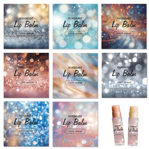 CRASPIRE 80 Stück 8 Stile Funkelnde Lippenbalsam Aufkleber Selbstklebende Hausgemachte Lippenbalsam Etiketten Vintage Quadratische DIY Etikettenaufkleber Für Lippenbalsam Behälter Kosmetik