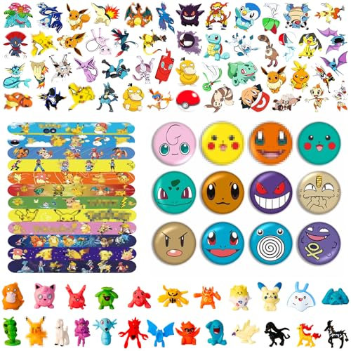 YFCHOTI Lot de 98 petits cadeaux d'anniversaire pour enfants avec mini figurines - Badge à clip - Autocollants - Petits cadeaux pour garçons et filles