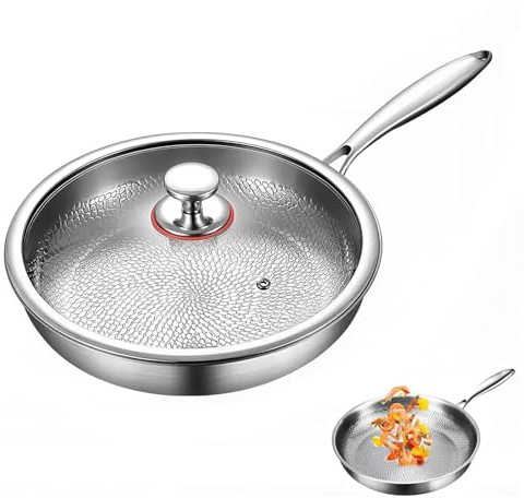 JDKJAG Titanium Frying Pan, 10/11/12 Titanium Hammered Pan Pro with Lid, Ultra-Durable Scratch-Resistant Non Stick Titaniumss Nutri Frying Panss, Multifunctional No Coating Nutri Pans (12-30cm)