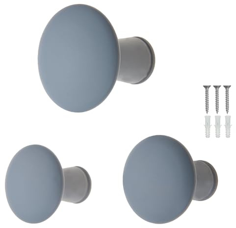 keypak Set of 3 Round Grey Screw-in Wooden 50mm Hooks | Decorative Modern Hangers, Wall Mounted Coat Hooks