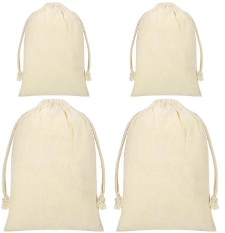 SAIIURV 4 Piezas Bolsa Tela Algodón Muselina con Cordón, Bolsas de Lona Reutilizables de Cosméticos Joyería para Pintar Regalo, Bolsa Compra Fruta Vegetales para Fiestas Navidad Bodas Caramelos