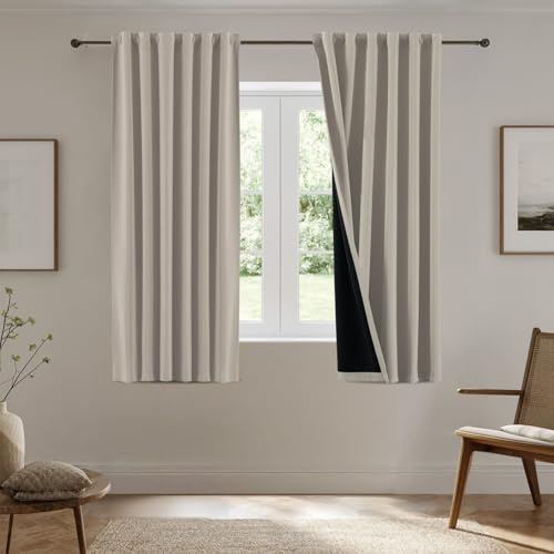BellaHills Schlafzimmer Gardinen und Vorhänge, 100% Verdunklungsvorhänge Thermovorhang Hitzeschutz Blackout Curtains for Living Room, 2er Set H145 x B140 cm, Natur