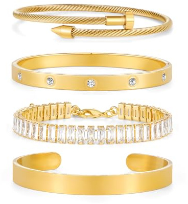 HolidayQbee Gold Bracelets for Women, 14K Gold Plated Stackable Bracelets Trendy Non Tarnish Jewelry Set Fashion Gifts for Women