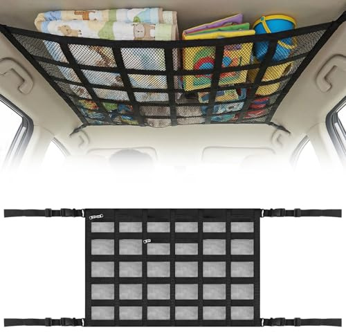 Viapriod Rete Portaoggetti da Soffitto per Auto, 90 × 65 cm,2 Tasche a Rete | con Cinghie a Croce Regolabili e 2 Tasche a Rete, per Coperte e Vestiti, Accessori Campeggio per SUV, Van e Viaggi su Strada