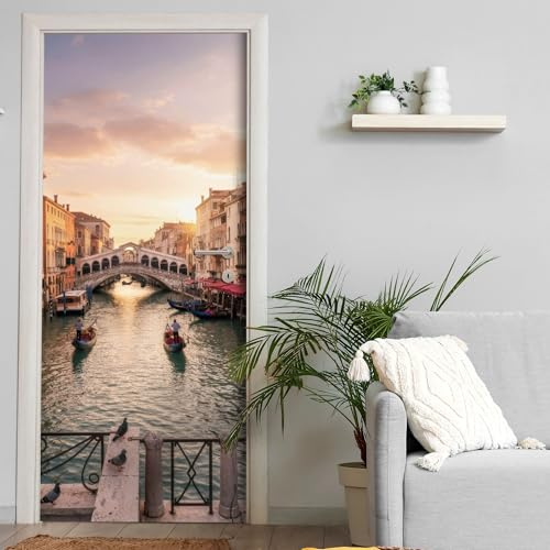 Türtapete selbstklebend blasenfrei | 200 x 90 cm Venedig, Gondeln, Abend | Tür Aufkleber Türfolie | Einteilig | Wasserfest 3D Türaufkleber Klebefolie Türposter Möbelfolie