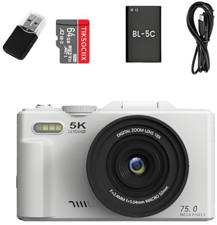 Optinexo 5K Digital Compact Camera Digitale con 18X Zoom Ottico, Schermo Orientabile 180°, 75 Milioni di Pixel, Scheda di Memoria 64 Gb Inclusa, Ideale per Viaggiatori e Principianti