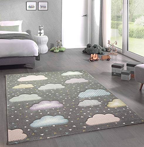CARPETIA Teppich Kinderzimmer Kinderteppich Wolken grau rosa blau Größe 120x170 cm