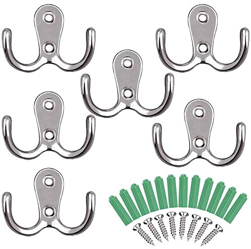 xinsheng Double Hook, Coat Hooks, Metal Door Hook, Clothes Hook, Silver Mounted Wall Hooks, Double Hooks for Back of Door Bathroom Bedroom(6Pcs)