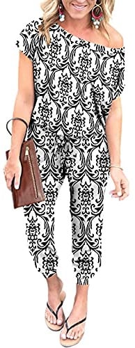 YUNDAI Womens Jumpsuits One Piece Casual Off Shoulder Playsuit Short Sleeve Overalls Elastic Waist Stretchy Romper with Pockets X-Large,Black White
