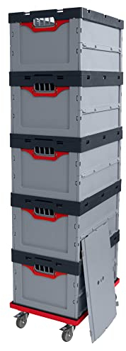 Auer Faltbox 5er Set FBD 64/27 + Klappdeckel + 1 x roter Rollwagen 60x40x27cm, 56L | Stapelbox Rollwagenbox Lebensmittelbox Transportbox Aufbewahrungsbehälter Eurobehälter Box