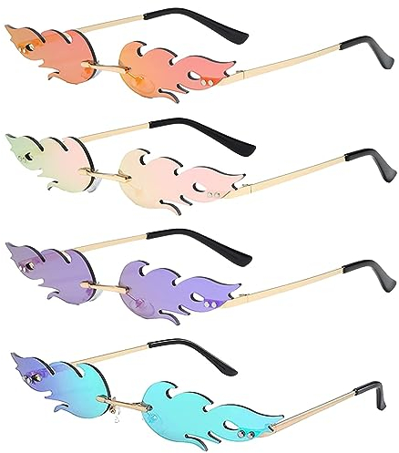 Jikefengxun Flammen Sonnenbrille 4 Stück, Fashion Feuer Flamme Brille, Rave Party Brillen Frauen MäNner, Randlose Sommer Sonnenbrillen für Strand, Maskerade, Musikfestival Dekoration