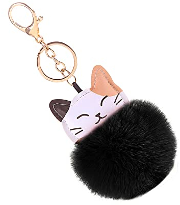 MoreChioce Pompon Porte-clés, Chat Porte-clés Pendentif Mignon Peluche Porte-clés Pompon Fille Sac À Dos Pendentif Peluche Voiture Porte-clés Décoration pour Sac à Main Sac à Dos Pendentif,Noir