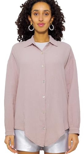 SASSYCLASSY Oversize Musselin Bluse Damen Langarm - Oversized Freizeit Look - Hemdbluse lang aus Baumwolle mit V Ausschnitt - Long-Bluse One Size (Gr. 36-48) Puderrosa