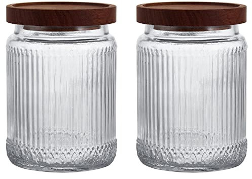 GRANDWISH Lot de 2 bocaux hermétiques en verre avec couvercles en bois pour bonbons, grains de café, thé, avoine, 700 ml (rayures verticales)