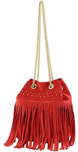 modamoda de T244 Damen Schultertasche Wildleder mit Fransen und Goldkette handmade in Italy, Farbe:Feuerrot