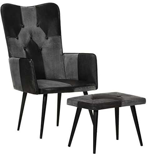 BULANED Sessel mit Hocker, Relaxsessel, Ohrensessel, Kinosessel, Tv Sessel, Lesesessel, Sessel Schlafzimmer, Einzelsofa, Kino Sessel, Schwarz Echtleder und Canvas
