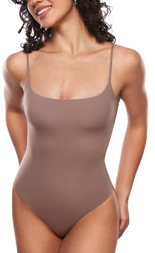 INLYRIC Women's Inbarely Sexy Square Neck Bodysuit Camisole Backless Sleeveless Spaghetti Strap Tank Tops Bodysuits Brown Purple Large