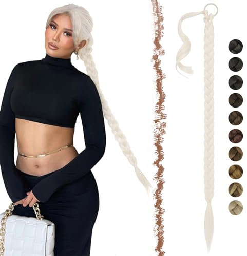 FESHFEN Braid Extensions Pferdeschwanz Verlängerung mit Haargummi, 75 cm Lang Ponytail Geflochten Zöpfe Kunsthaar Haarverlängerung Zopf Haarteil für Damen, Platinblond