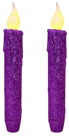 CVHOMEDECO. Glitter Flameless Candles Flickering Battery Operated LED Taper Candles with Timer for Home, Wedding, Halloween, Christmas Decor. Purple, 6-3/4 Inch, Set of 2