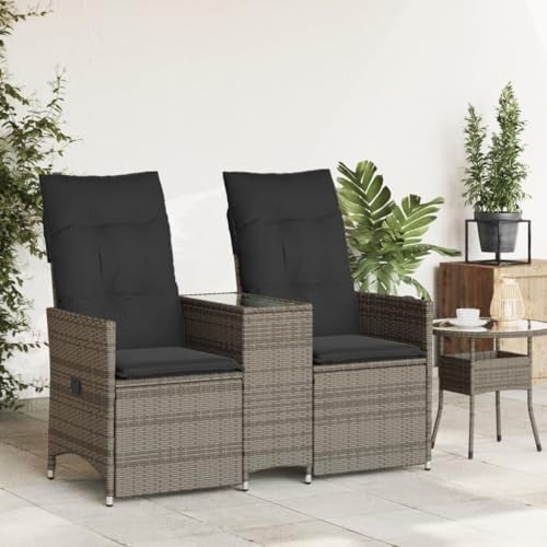 Faroom Rattan Balkonmöbel-Set - Gartenmöbel Sofa Set mit Tisch & Polster - Balkonmöbel klein - Gartensofa 2-Sitzer Verstellbar - 2 Gartensessel mit Beistelltisch, Balkon Möbel für 2 Personen Grau