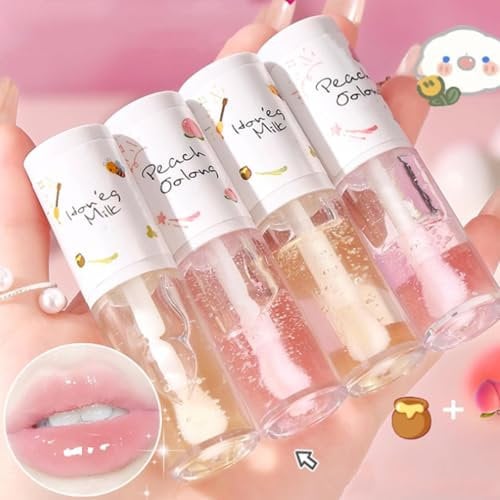 Riroenst 4Pcs Hydrating Lip Gloss Set,Crystal Jelly Moisturizing Lip Oil,Transparent Hydrating Lip Balm,Plumping Lip Gloss Long Lasting Lip Glow Oil Lip Care Tools